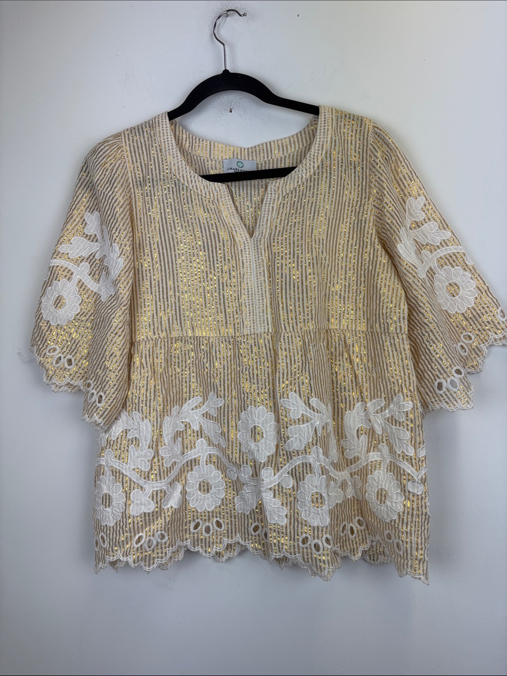 Charleston Shoe Co. Argento Gold and White Embroidered Blouse Size Small